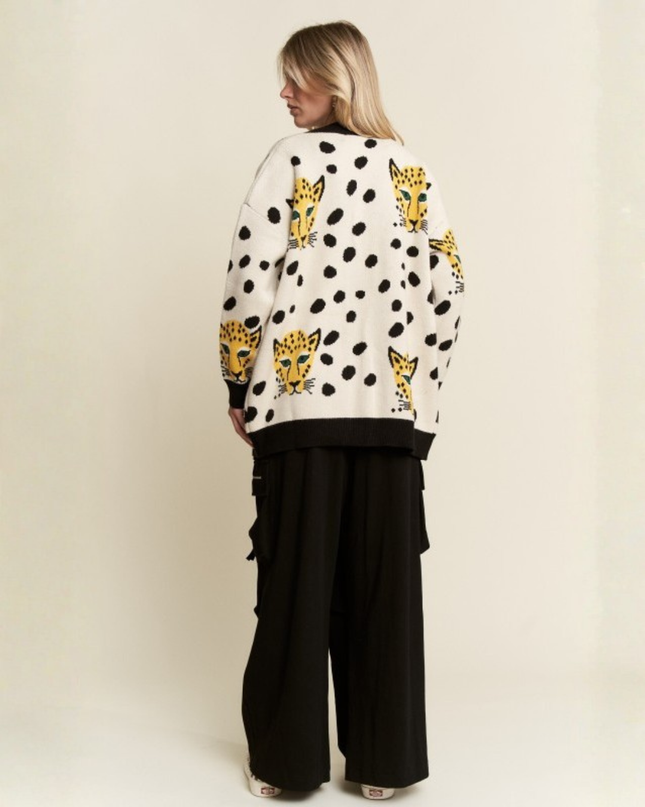 Leopard & Cheetah Graphic Knit Cardigan – Oversized Artsy Statement Sweater