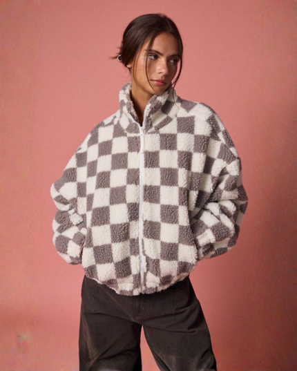 Oversized Checkerboard Sherpa Jacket – Cozy Zip Up Fleece