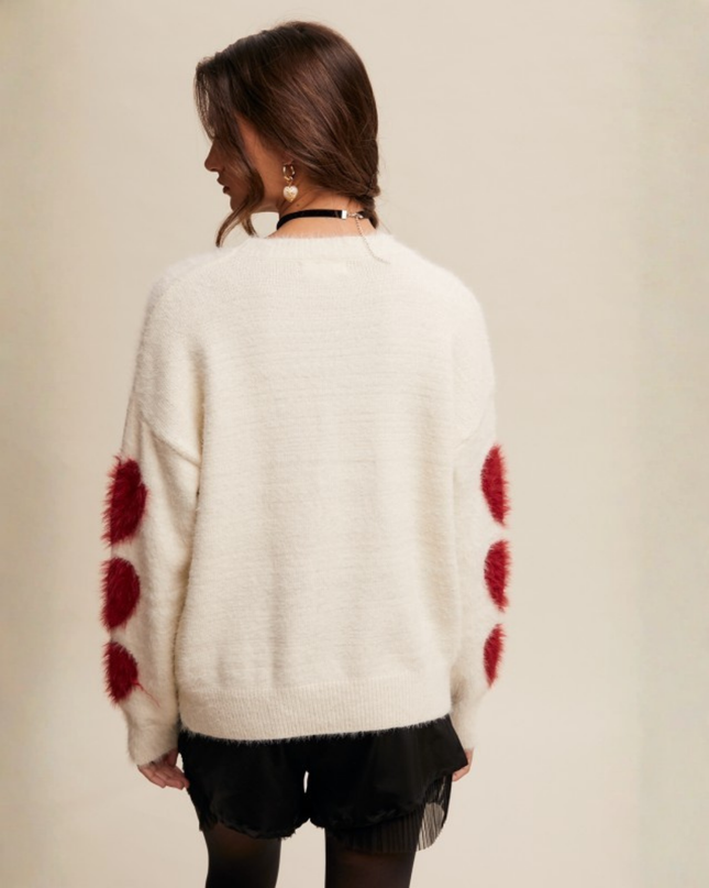 Fuzzy Heart-Sleeve Pullover Sweater – Cream