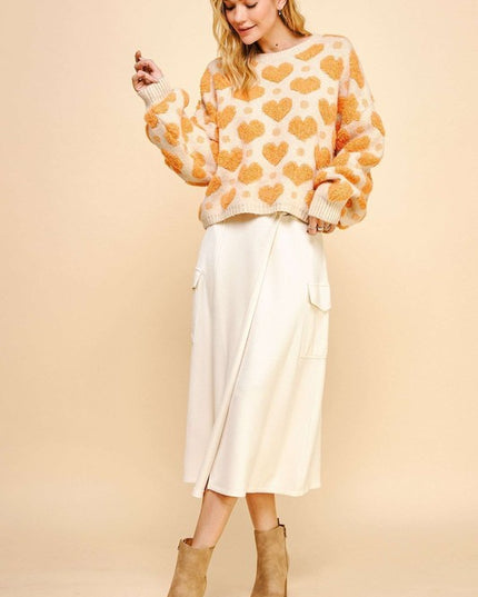 Textured Heart Loose Fit Long Sleeve Knit Sweater