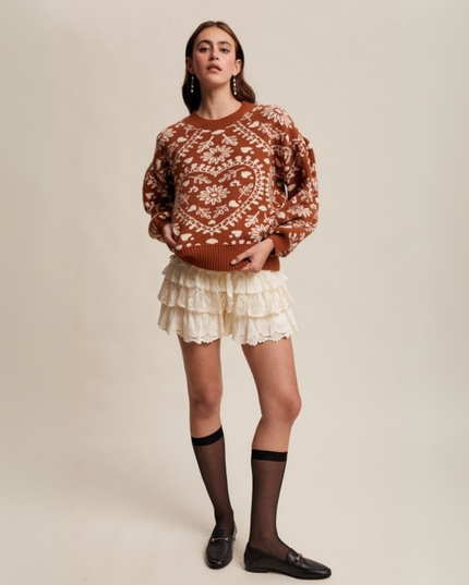 Heart & Floral Jacquard Relaxed Crew Neck Sweater