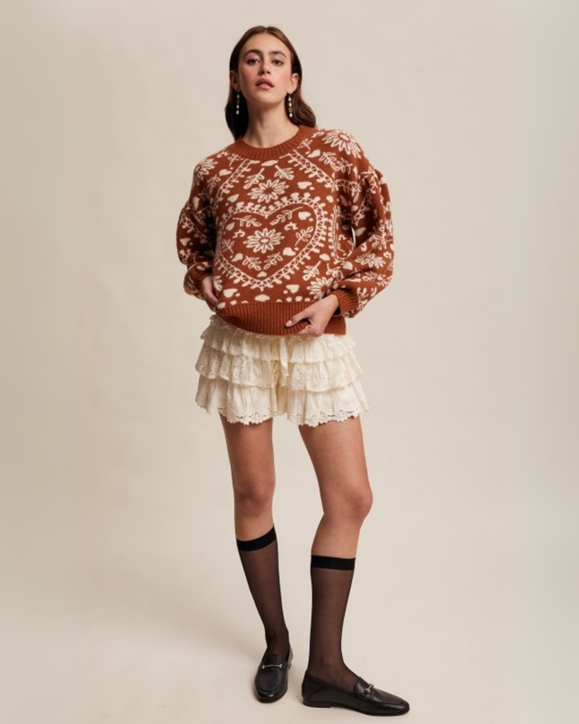 Heart & Floral Jacquard Relaxed Crew Neck Sweater