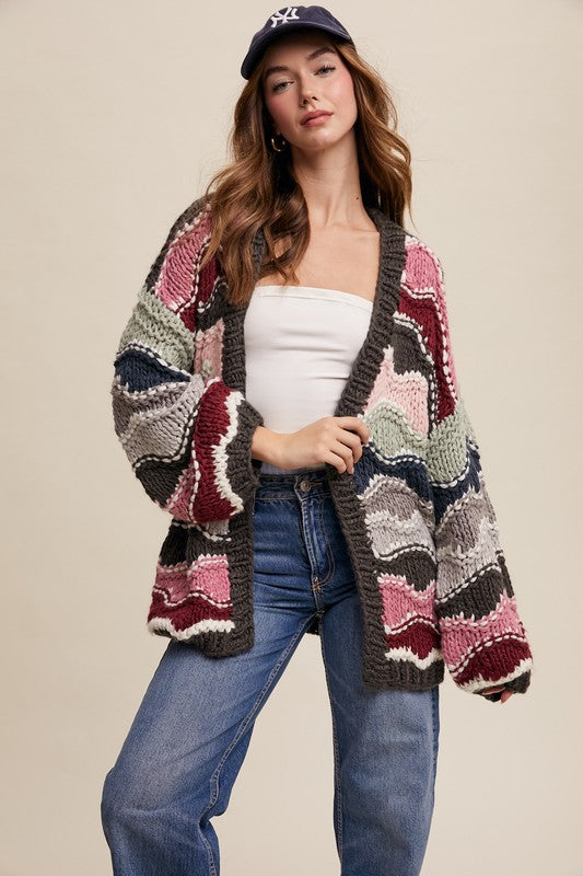 Wavy Colorblock Hand Crochet Knit Cardigan