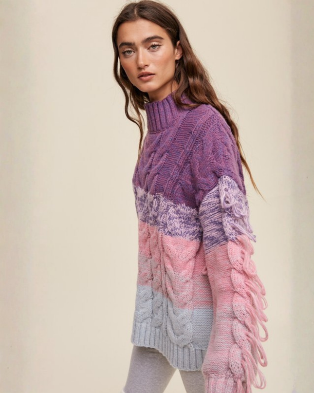 Colorblock Fringe Cable Knit Sweater