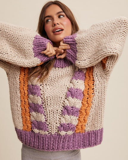 V-striped Chunky Knit Handmade Sweater