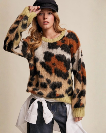 Fuzzy Abstract Leopard Knit Pullover