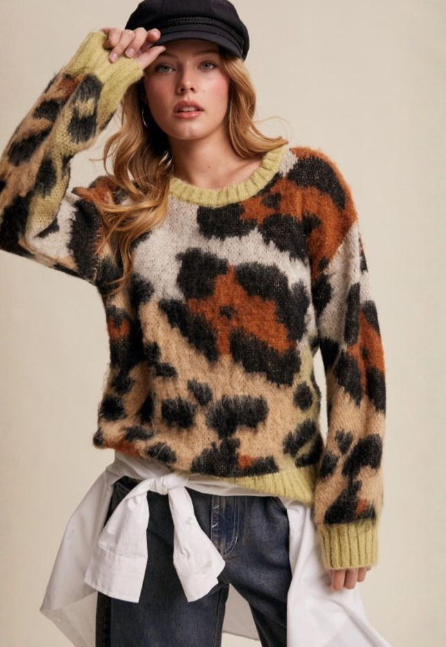 Fuzzy Abstract Leopard Knit Pullover