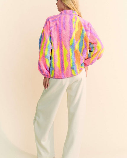 Fuzzy Multi Color Textured Zipper Pocket Jacket
