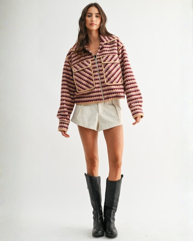 Retro Chevron Zip-Up Jacket – Burgundy Multi | Textured Vintage Style Outerwear