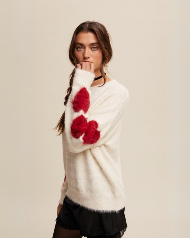 Fuzzy Heart-Sleeve Pullover Sweater – Cream