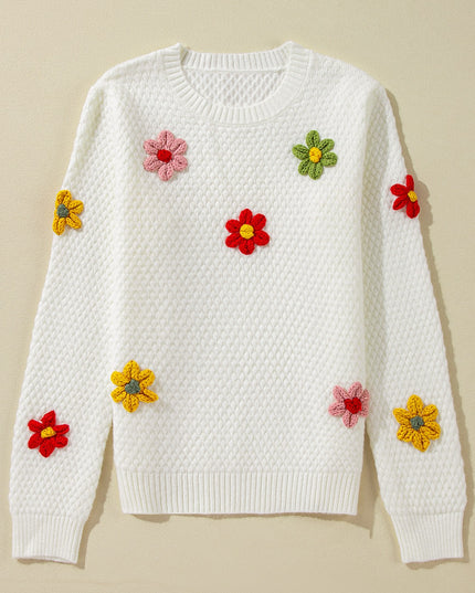 White Colorful Flower Applique Textured Knit Sweater – Playful and Elegant