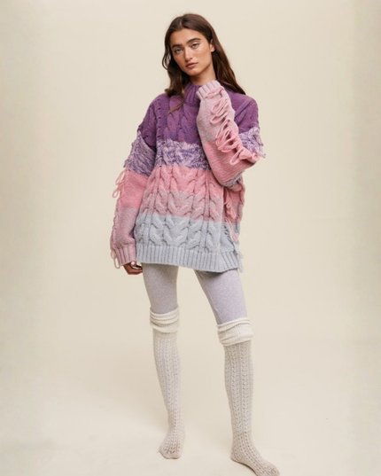 Colorblock Fringe Cable Knit Sweater