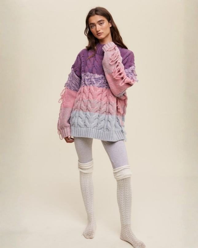 Colorblock Fringe Cable Knit Sweater