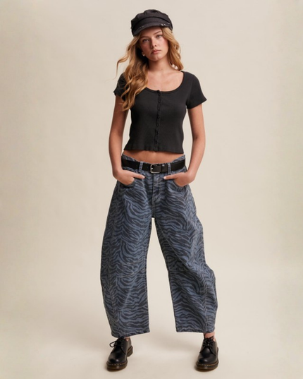 Zebra Print Barrel Jeans – High-Waist Loose Fit Denim