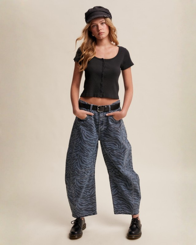 Zebra Print Barrel Jeans – High-Waist Loose Fit Denim