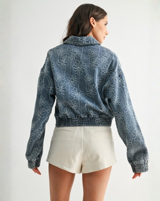 Embroidered Denim Flower Jacket — Retro Cropped Streetwear