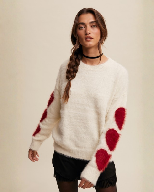 Fuzzy Heart-Sleeve Pullover Sweater – Cream