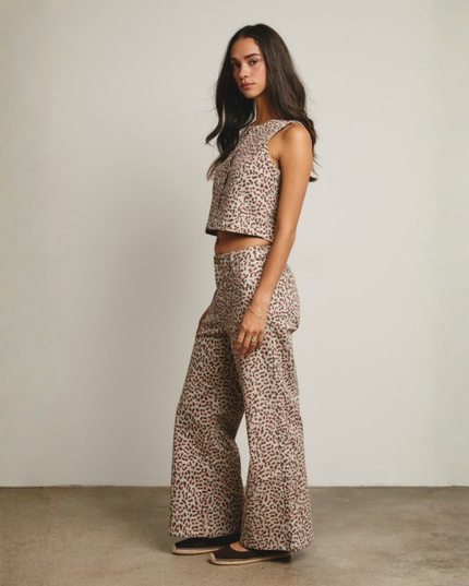 Leopard Print Denim Vest & Wide-Leg Pants Set