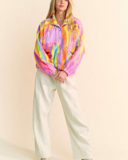 Fuzzy Multi Color Textured Zipper Pocket Jacket