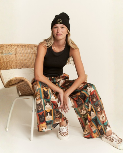 Cat Portrait Wide Leg Pants – Artistic Kitty Print, Flowy Lounge Fit, Quirky Statement Bottoms