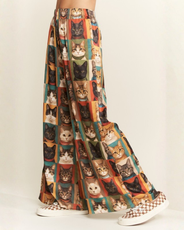 Cat Portrait Wide Leg Pants – Artistic Kitty Print, Flowy Lounge Fit, Quirky Statement Bottoms