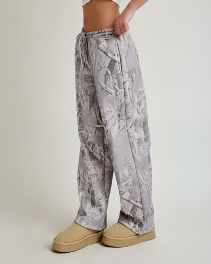 Grey Tree Camo Wide Leg Sweatpants – Mid Rise Relaxed Fit Joggers with Streetwear Vibe