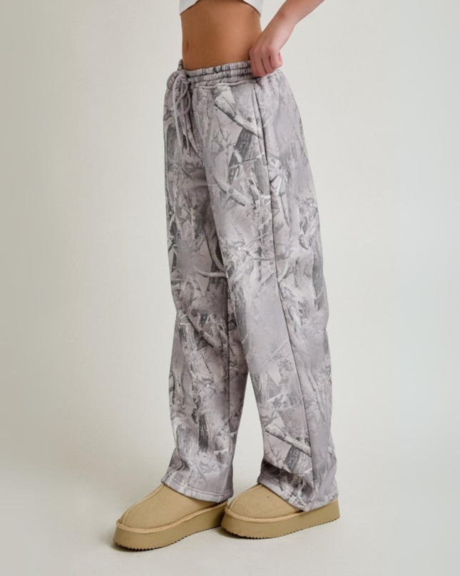 Grey Tree Camo Wide Leg Sweatpants – Mid Rise Relaxed Fit Joggers with Streetwear Vibe