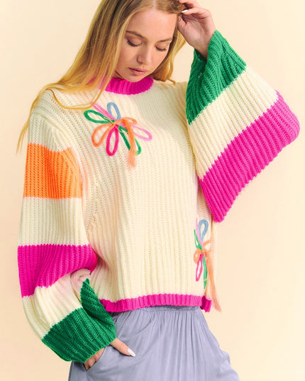 Beige Colorblock Flower Print Cable Knit Loose Sweater – Cozy and Chic