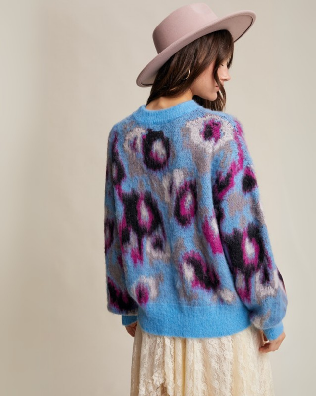 Fuzzy Abstract Leopard Knit Pullover – Light Blue