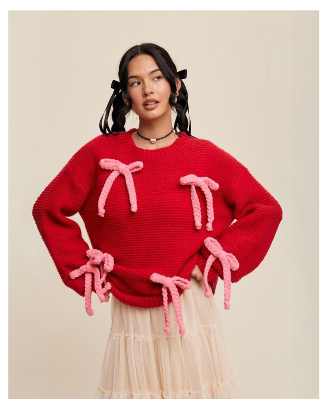 Women's Chunky Knit Sweater with Rope Bows