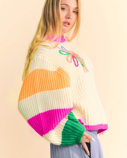 Beige Colorblock Flower Print Cable Knit Loose Sweater – Cozy and Chic