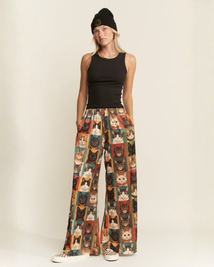 Cat Portrait Wide Leg Pants – Artistic Kitty Print, Flowy Lounge Fit, Quirky Statement Bottoms