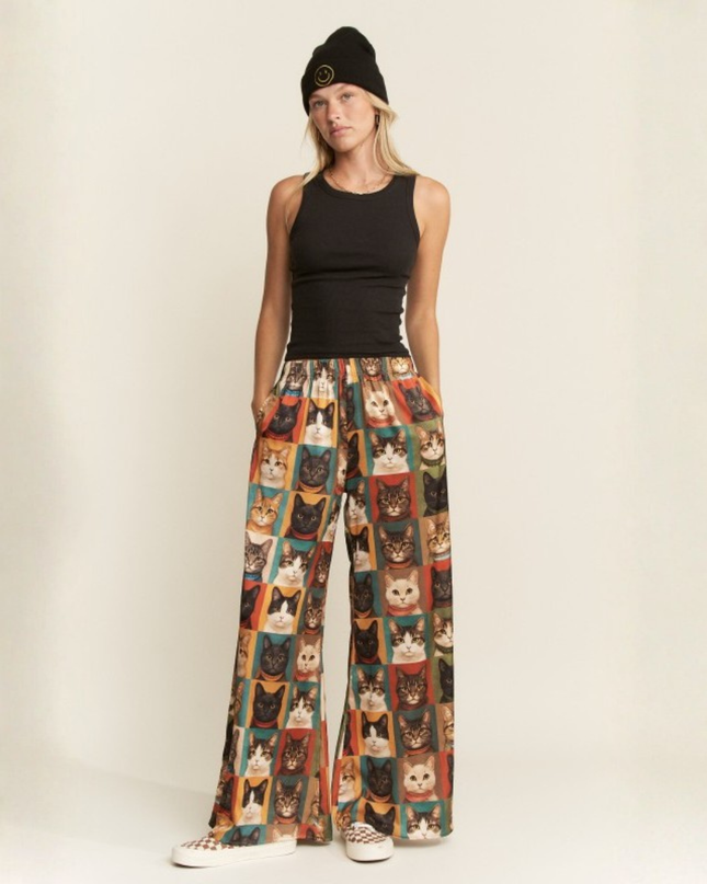 Cat Portrait Wide Leg Pants – Artistic Kitty Print, Flowy Lounge Fit, Quirky Statement Bottoms