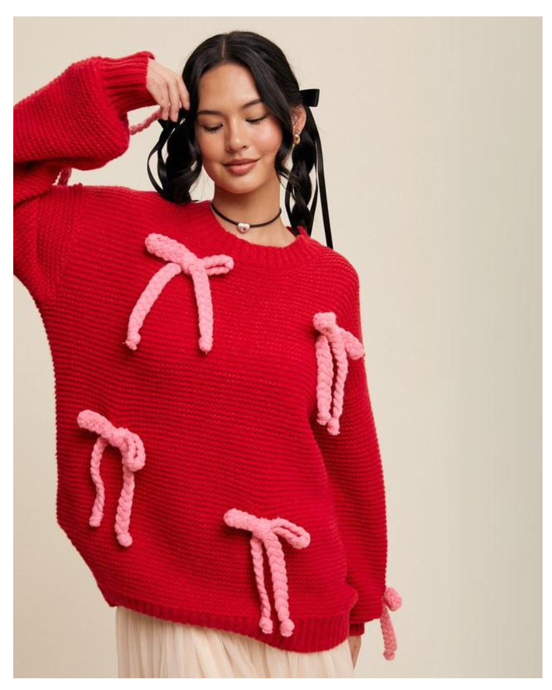 Women's Chunky Knit Sweater with Rope Bows