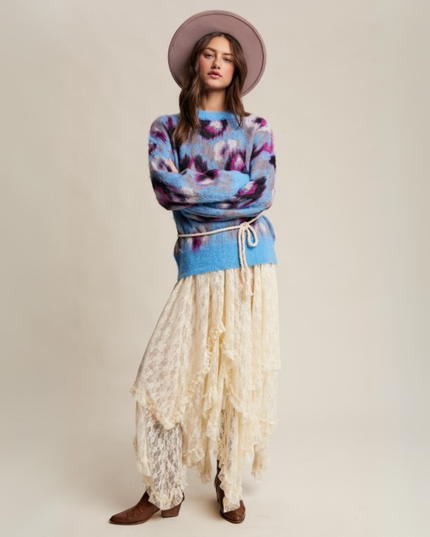 Fuzzy Abstract Leopard Knit Pullover – Light Blue