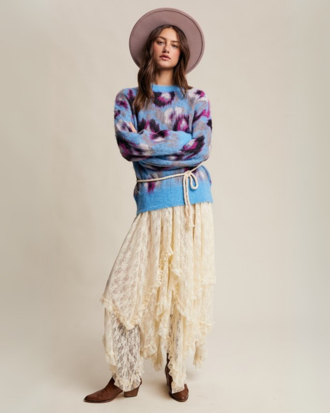 Fuzzy Abstract Leopard Knit Pullover – Light Blue