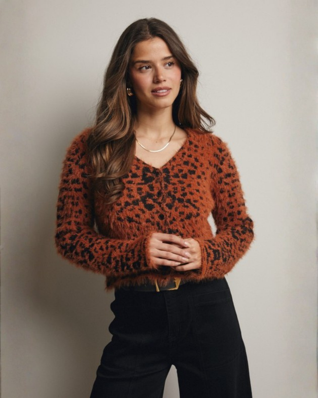 Leopard Print Fuzzy Cropped Cardigan – Button-Up Knit Sweater