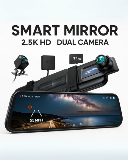 Smart Rearview Mirror with Front & Rear Camera, 2.5K Touchscreen, GPS & 32GB SD Card