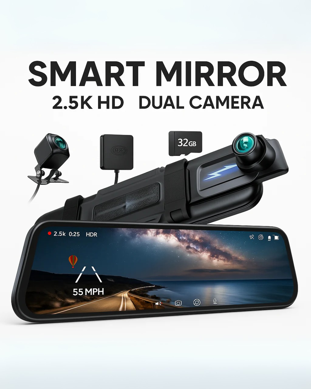 Smart Rearview Mirror with Front & Rear Camera, 2.5K Touchscreen, GPS & 32GB SD Card