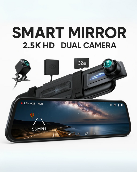 Smart Rearview Mirror with Front & Rear Camera, 2.5K Touchscreen, GPS & 32GB SD Card