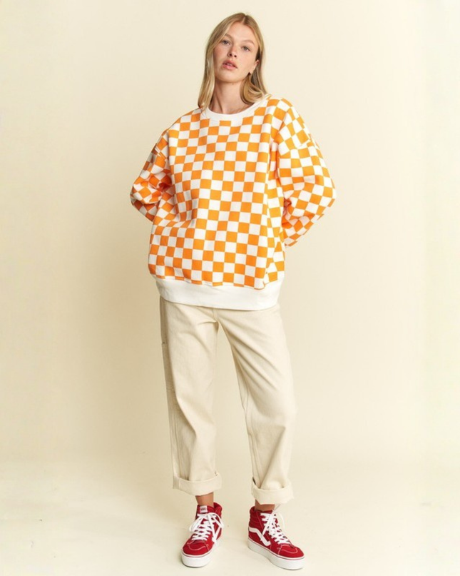 Oversized Checkered Sweatshirt – Geometric Chess Print Crewneck (Orange/White) | Trendy Streetwear Pullovers