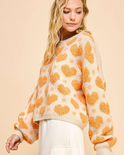Textured Heart Loose Fit Long Sleeve Knit Sweater