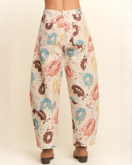 Retro Donut Print Wide-Leg Pants – Creative Streetwear Statement Trousers