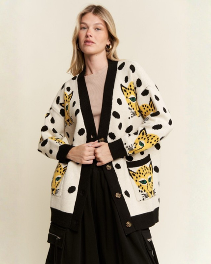 Leopard & Cheetah Graphic Knit Cardigan – Oversized Artsy Statement Sweater