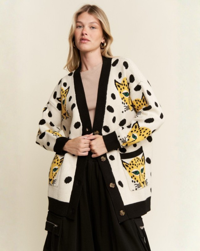 Leopard & Cheetah Graphic Knit Cardigan – Oversized Artsy Statement Sweater