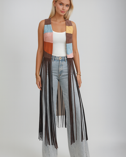 Coachella-Inspired Boho Fringe Vest – Retro Sunset Knit with Western Cowboy Vibes