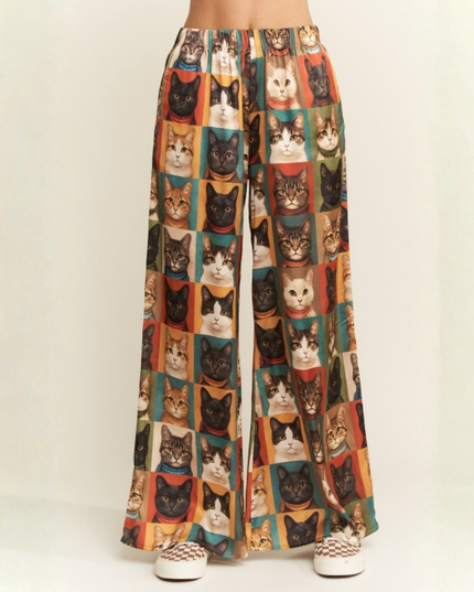 Cat Portrait Wide Leg Pants – Artistic Kitty Print, Flowy Lounge Fit, Quirky Statement Bottoms