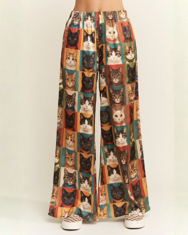 Cat Portrait Wide Leg Pants – Artistic Kitty Print, Flowy Lounge Fit, Quirky Statement Bottoms