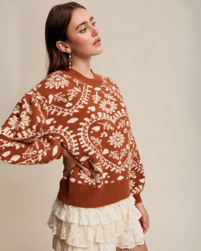 Heart & Floral Jacquard Relaxed Crew Neck Sweater