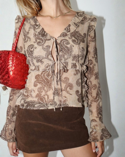 Paisley Tie-Front Ruffle Blouse – Vintage Tan